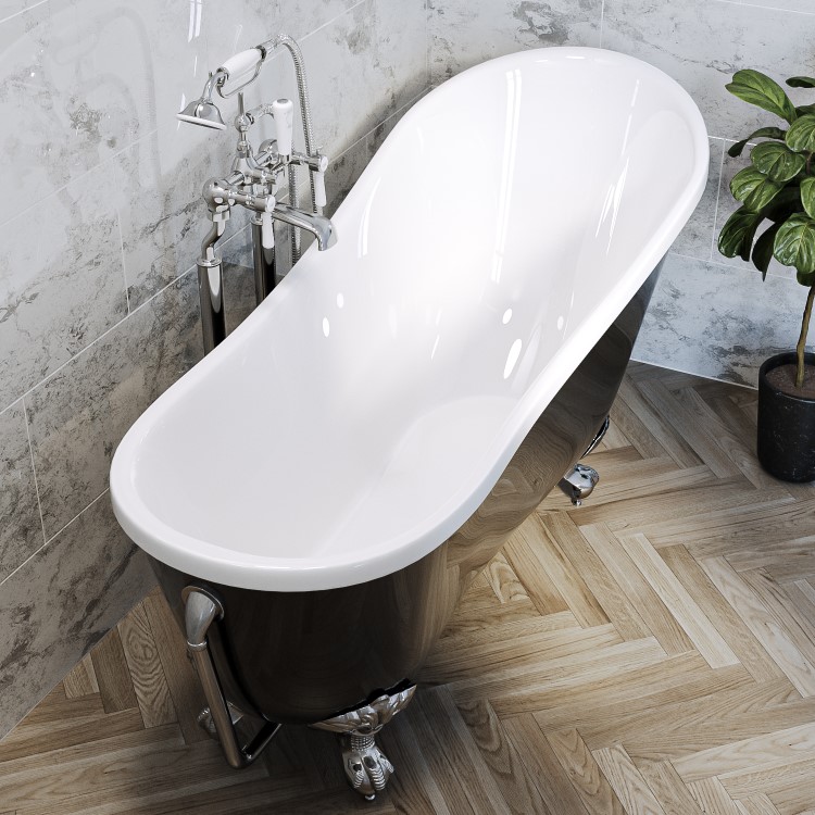 Grade A2 - Freestanding Single Ended Roll Top Slipper Bath Black with Chrome Feet 1625 x 695mm - Lunar 