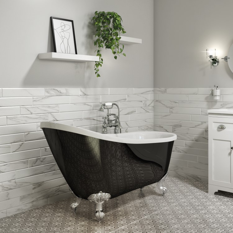 Grade A2 - Freestanding Single Ended Roll Top Slipper Bath Black with Chrome Feet 1625 x 695mm - Lunar 
