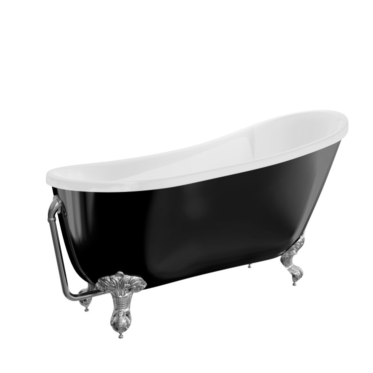 Grade A2 - Freestanding Single Ended Roll Top Slipper Bath Black with Chrome Feet 1625 x 695mm - Lunar 