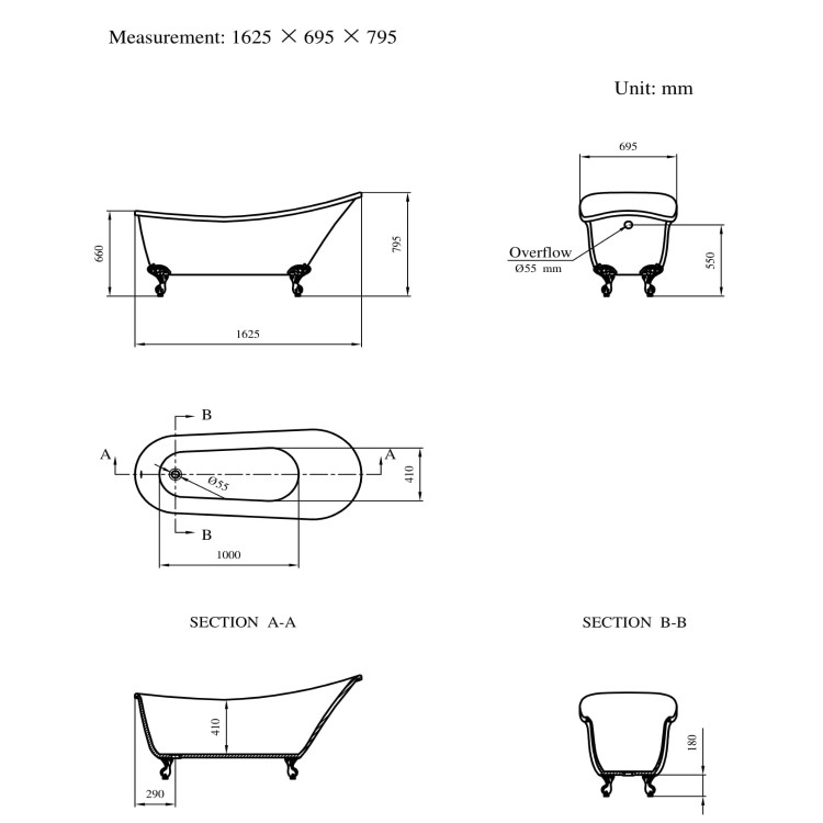 Grade A2 - Freestanding Single Ended Roll Top Slipper Bath Black with Chrome Feet 1625 x 695mm - Lunar 