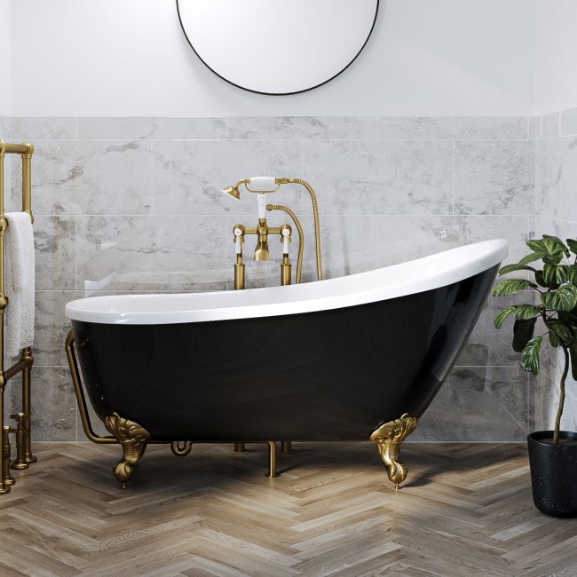 Black Freestanding Single Ended Roll Top Slipper Bath with Brushed Brass Feet 1625 x 695mm - Lunar