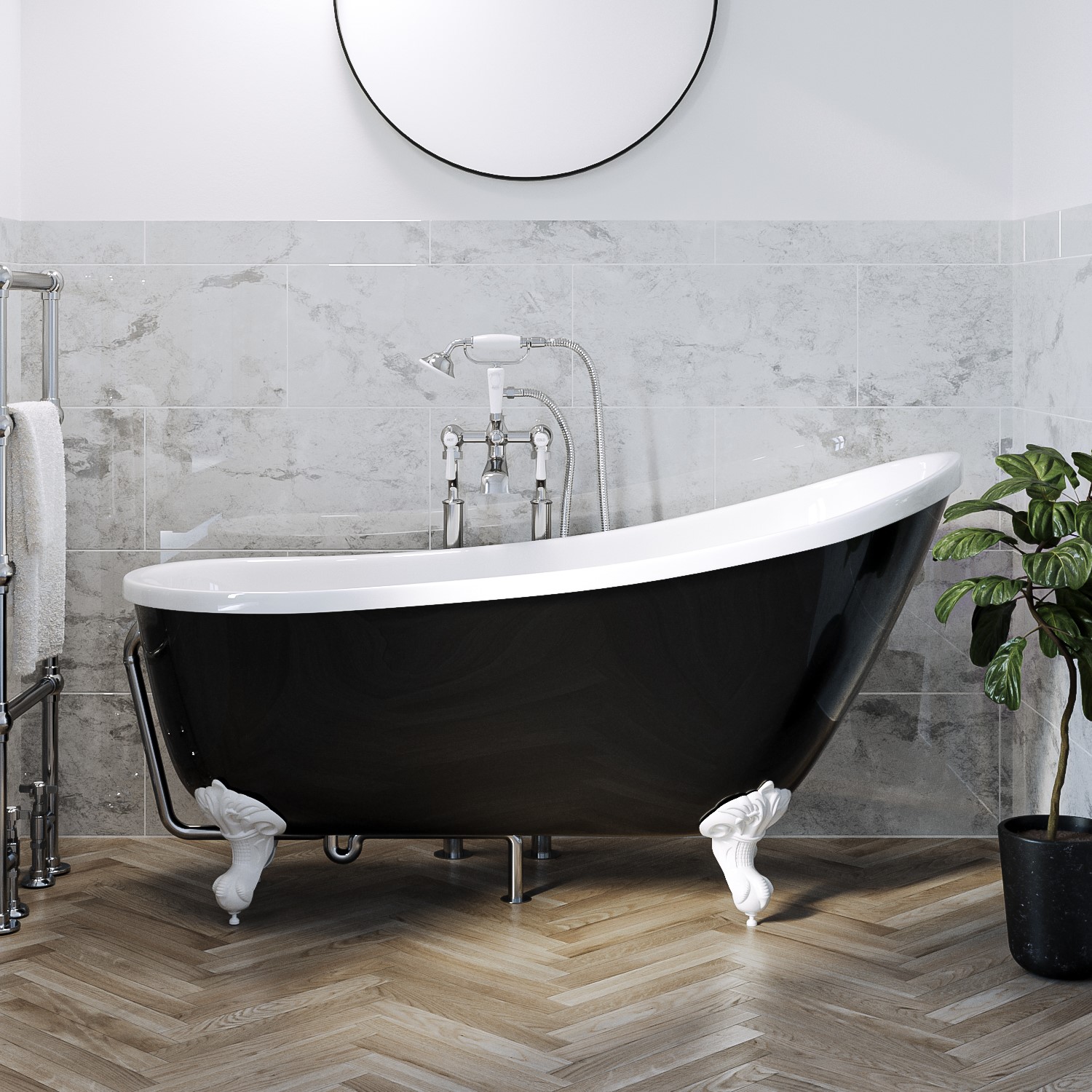 Black Freestanding Single Ended Roll Top Slipper Bath with White Feet 1620 x 730mm - Lunar