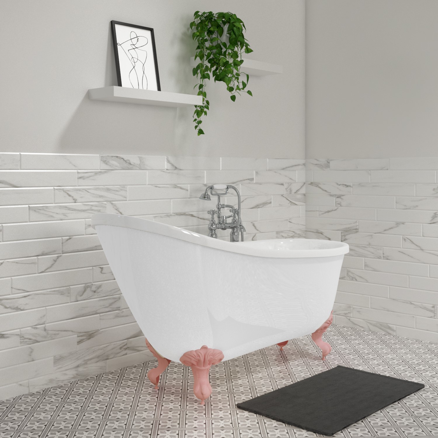 Freestanding Single Ended Roll Top Slipper Bath with Pink Feet 1620 x 730mm - Lunar