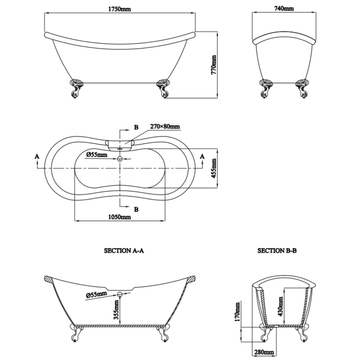 Freestanding Double Ended Roll Top Bath with Black Feet 1750 x 740mm - Park Royal