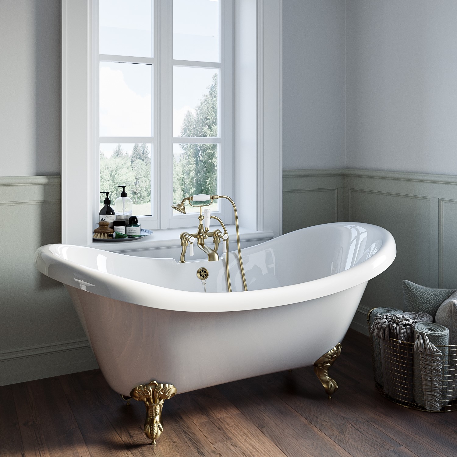 Park Royal Freestanding Double Ended Roll Top Bath With Brushed Brass Feet 1750 X 740Mm BUN/BeBa_25417/77857