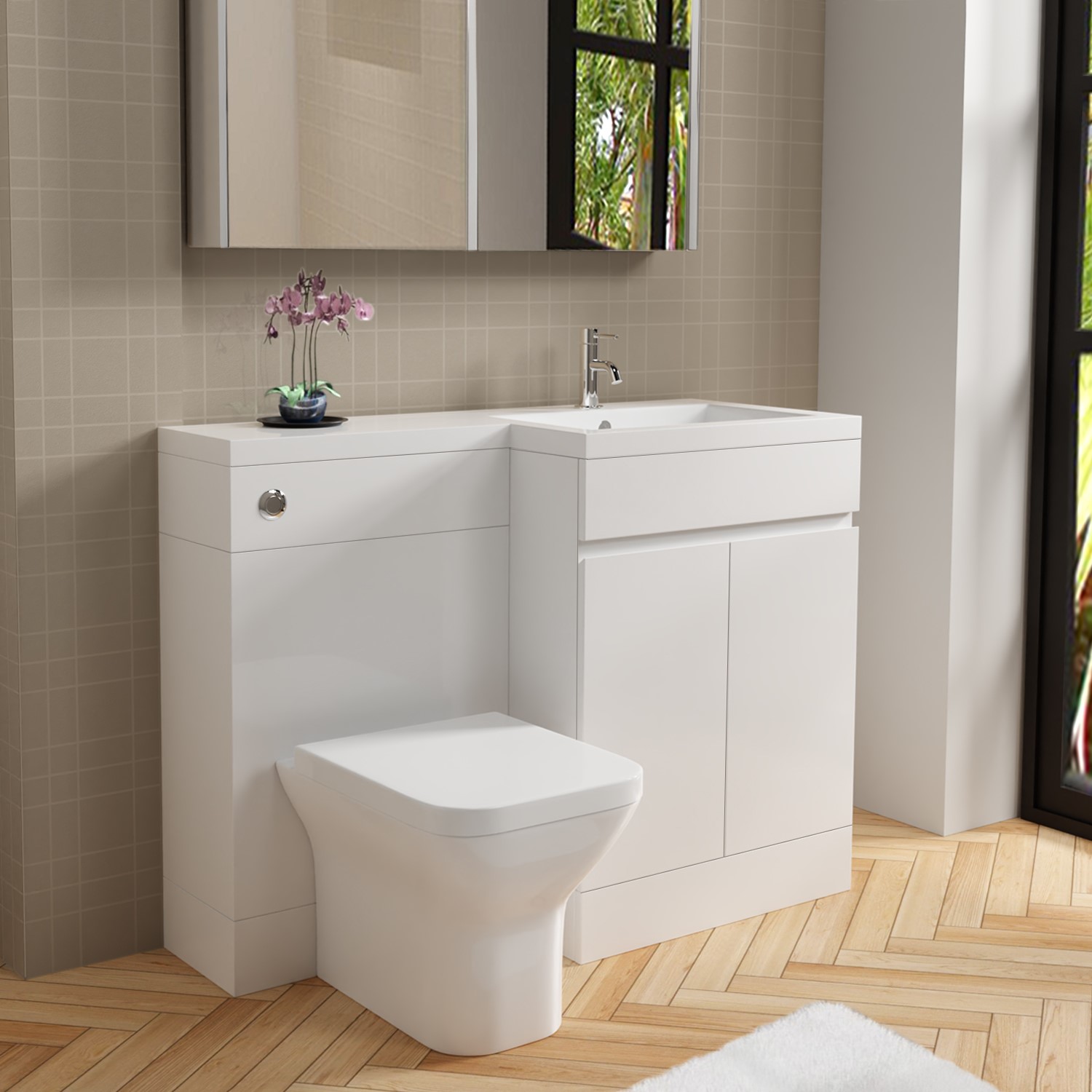 1100mm White Toilet and Sink Unit Right Hand with Square Toilet- Florence