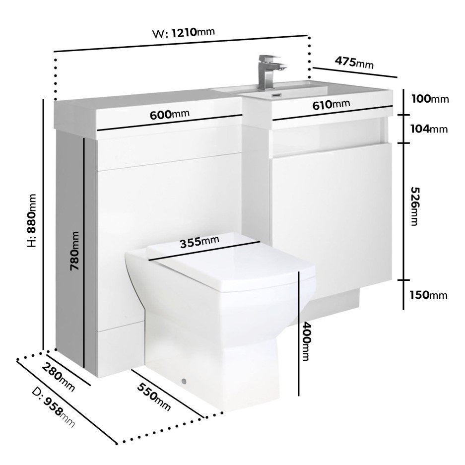 1200mm Toilet and Basin Combination Unit 2 Drawers White Right