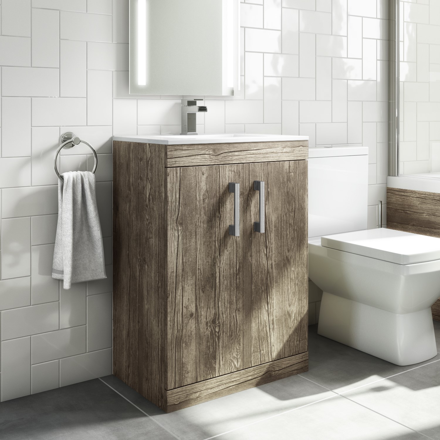 600mm Wood Effect Freestanding Vanity Unit with Basin - Ashford