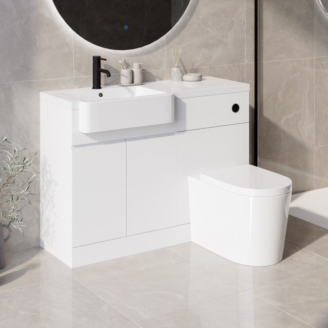 1100mm White Toilet and Sink Unit Left Hand with Round Toilet and Black Fittings - Bali