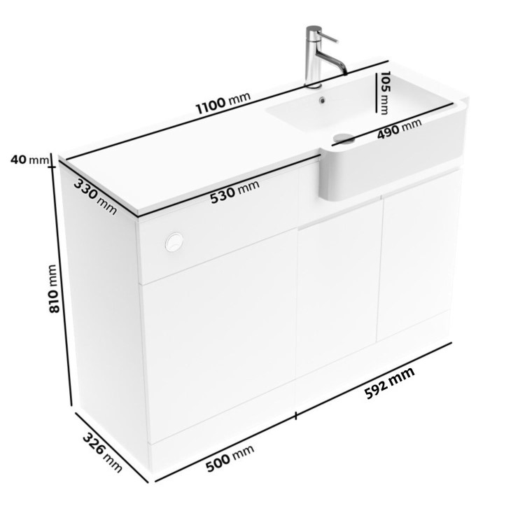 1100mm White Right Hand Toilet and Sink Unit with Square Toilet and Chrome Fittings - Bali