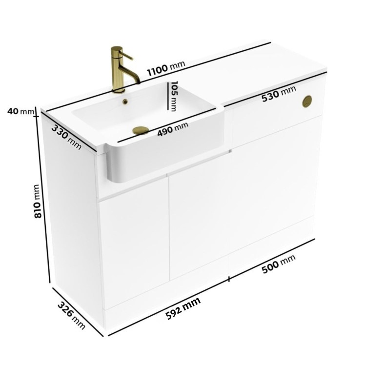 1100mm White Left Hand Toilet and Sink Unit with Square Toilet and Brass Fittings - Bali