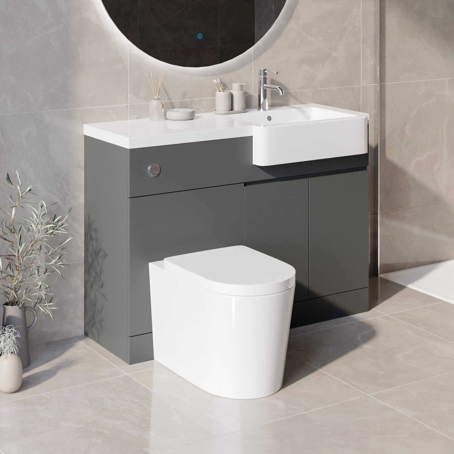 1100mm Grey Toilet and Sink Unit Right Hand with Round Toilet- Bali