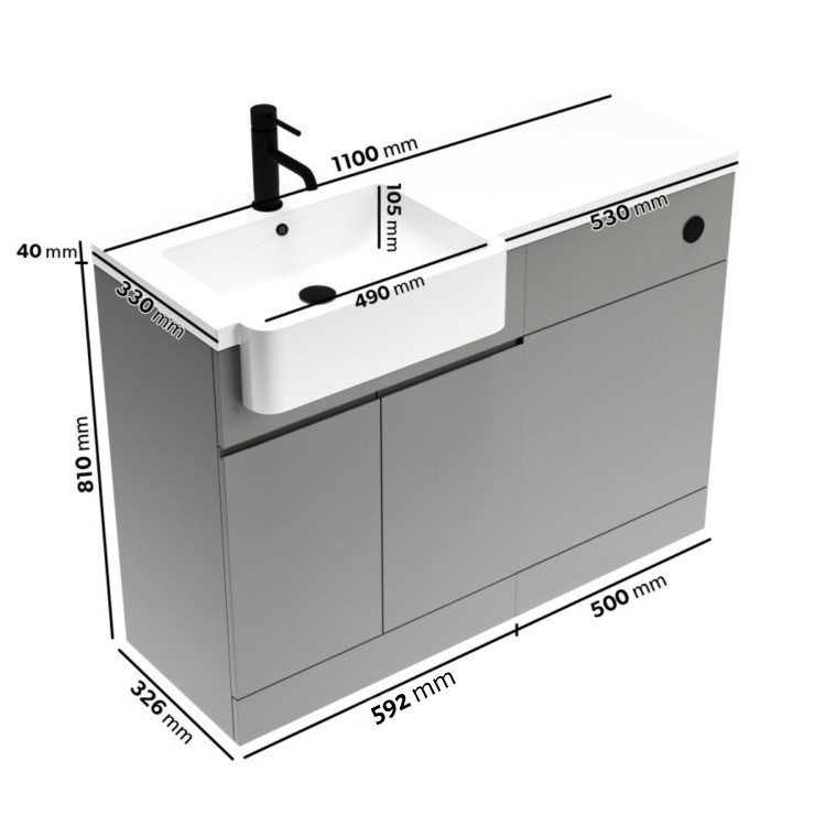 1100mm Grey Left Hand Toilet and Sink Unit with Square Toilet and Black Fittings - Bali
