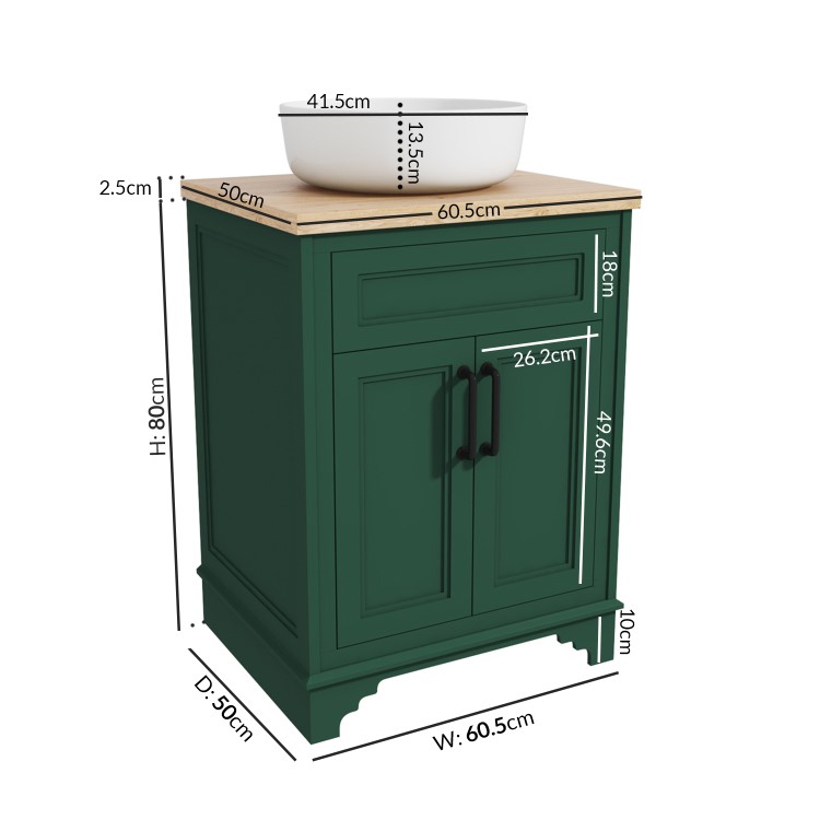600mm Green Freestanding Countertop Vanity Unit with Basin - Camden