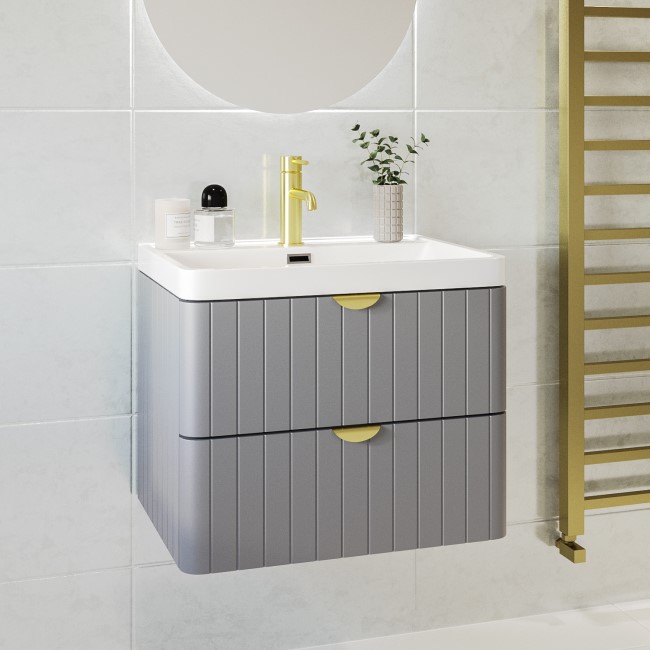 600mm Grey Wall Hung Vanity Unit with Basin and Brass Handles - Empire