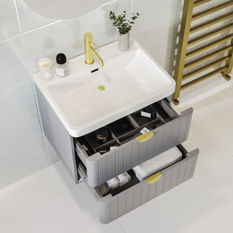 600mm Grey Wall Hung Vanity Unit with Basin and Brass Handles - Empire