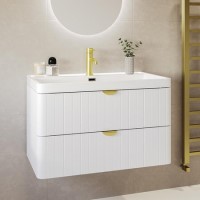 800mm White Wall Hung Vanity Unit with Basin and Brass Handles - Empire 800mm White Wall Hung Vanity Unit with Basin and Brass Handles - Empire