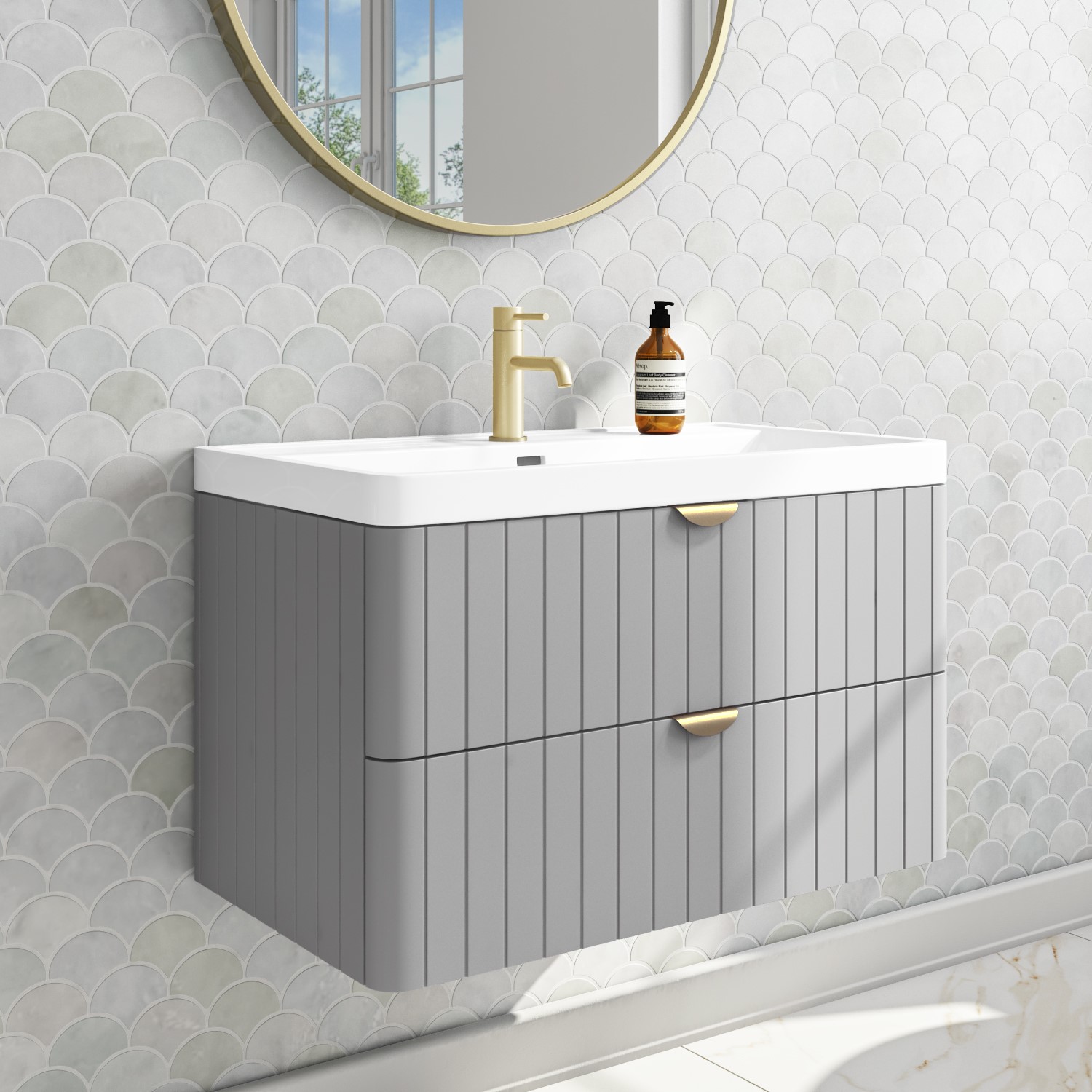 800mm Grey Wall Hung Vanity Unit with Basin and Brass Handles - Empire