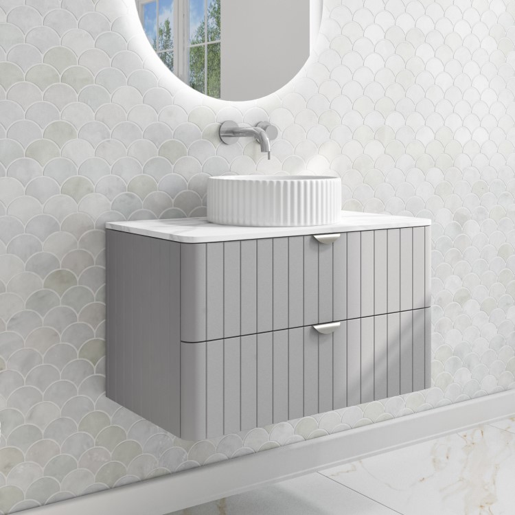 800mm Grey Wall Hung Vanity Unit with Marble Top Countertop Basin & Brushed Chrome Handles- Empire