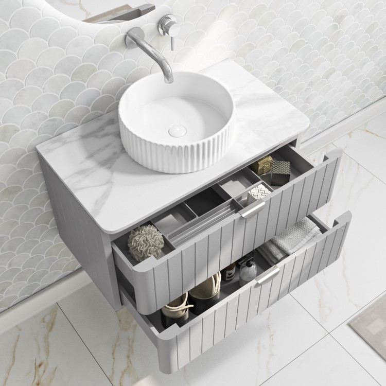 800mm Grey Wall Hung Vanity Unit with Marble Top Countertop Basin & Brushed Chrome Handles- Empire