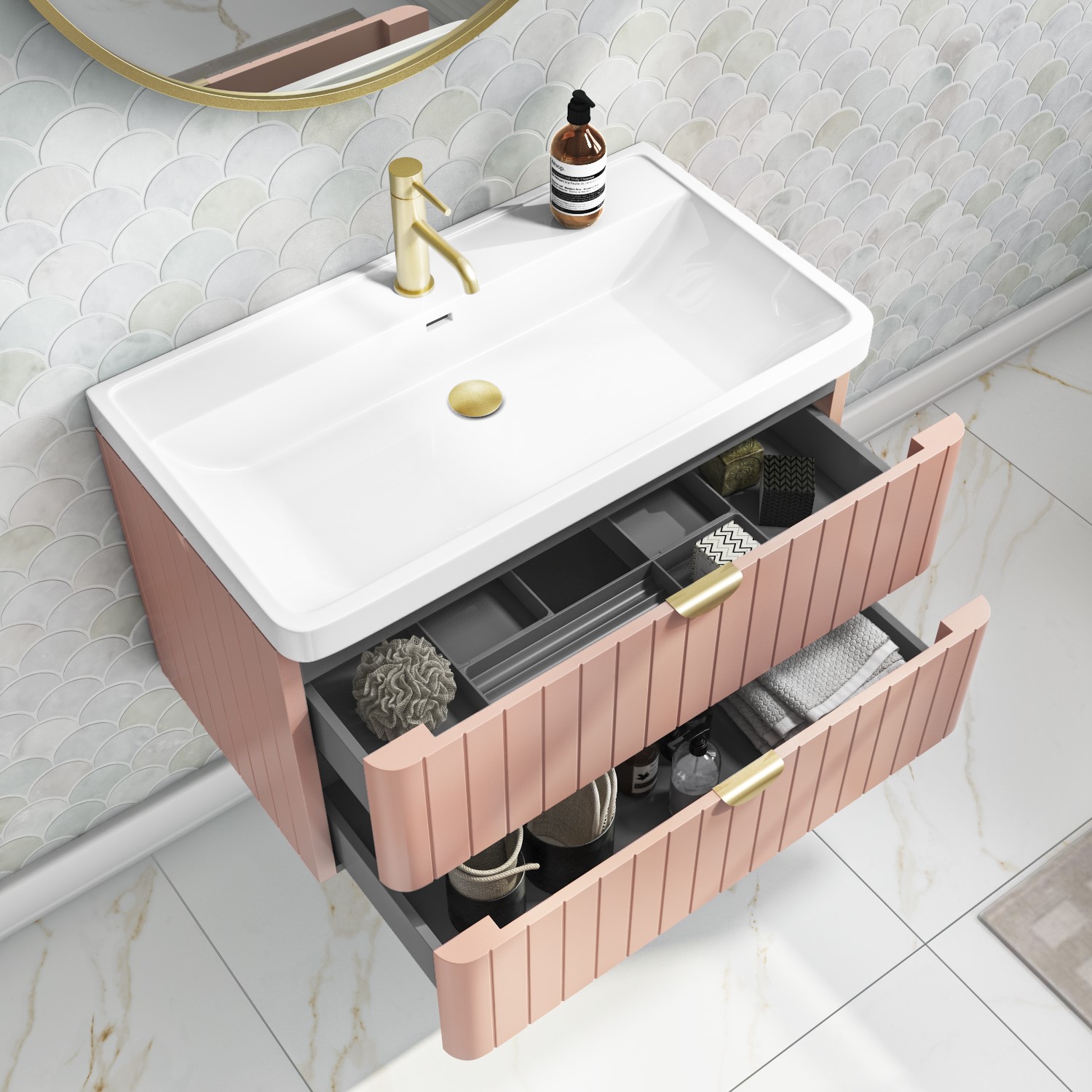 800mm Pink Wall Hung Vanity Unit with Basin and Brass Handles - Empire ...
