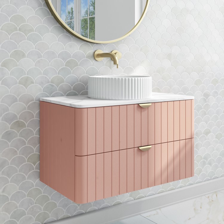 800mm Nude Wall Hung Vanity Unit with Marble Top Countertop Basin & Brushed Brass Handles- Empire