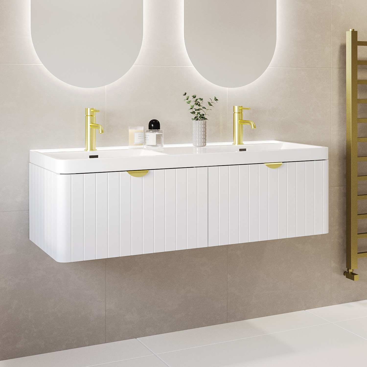 1200mm White Wall Hung Double Vanity Unit with Basin and Brass Handles - Empire