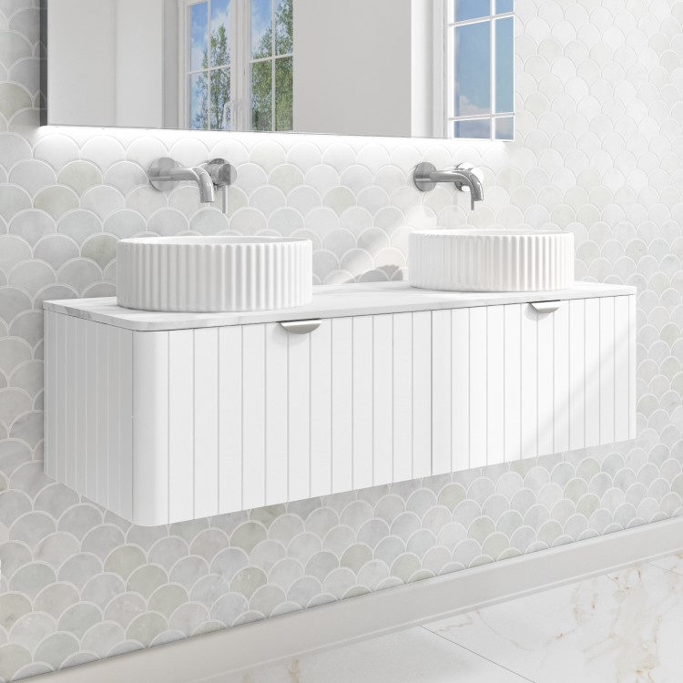1200mm White Wall Hung Vanity Unit with Marble Top Countertop Double Basin & Brushed Chrome Handles- Empire