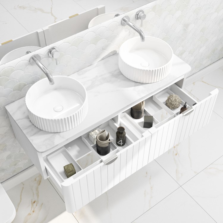 1200mm White Wall Hung Vanity Unit with Marble Top Countertop Double Basin & Brushed Chrome Handles- Empire