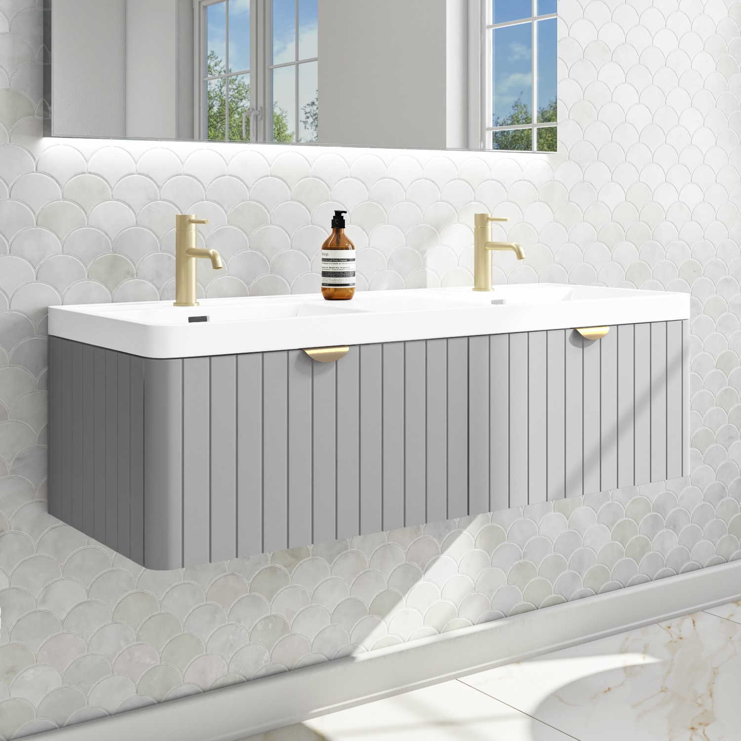1200mm Grey Wall Hung Double Vanity Unit with Basin and Brass Handles - Empire