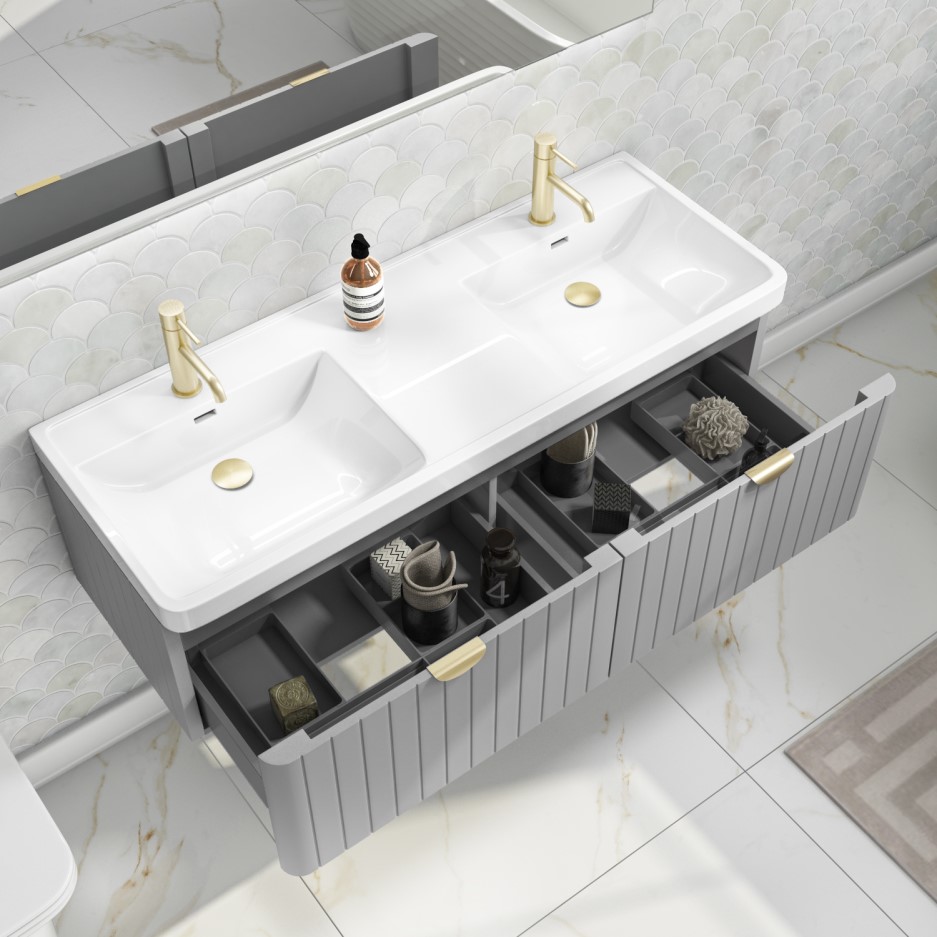 1200mm Wall Hung Double Basin Vanity Unit with Basins Matt Grey with Brass Handles Empire
