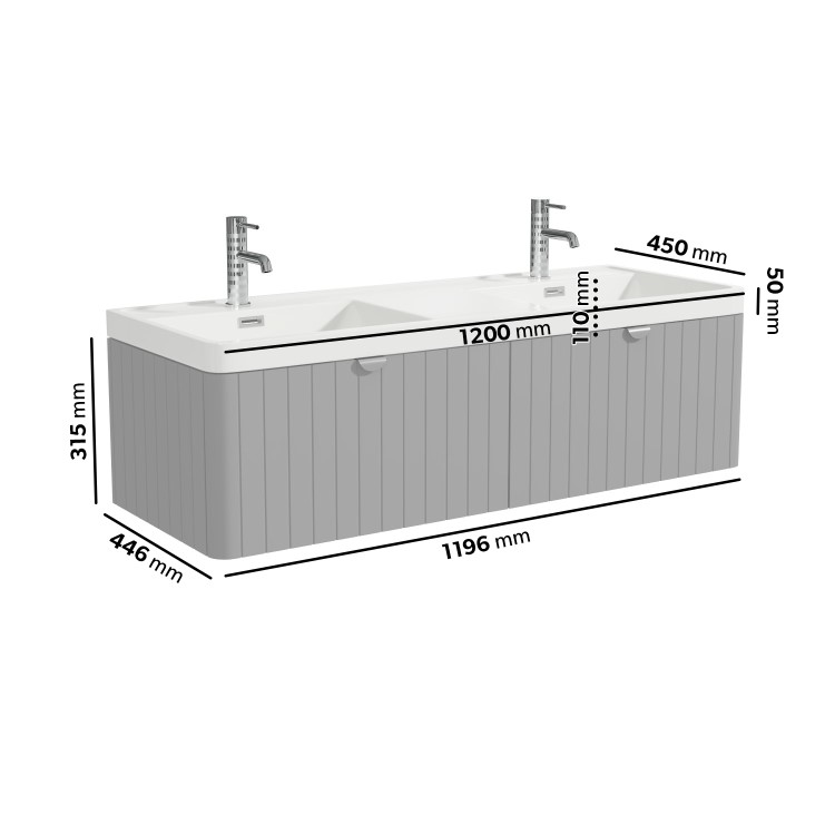 1200mm Grey Wall Hung Double Vanity Unit with Basins and Chrome Handles - Empire