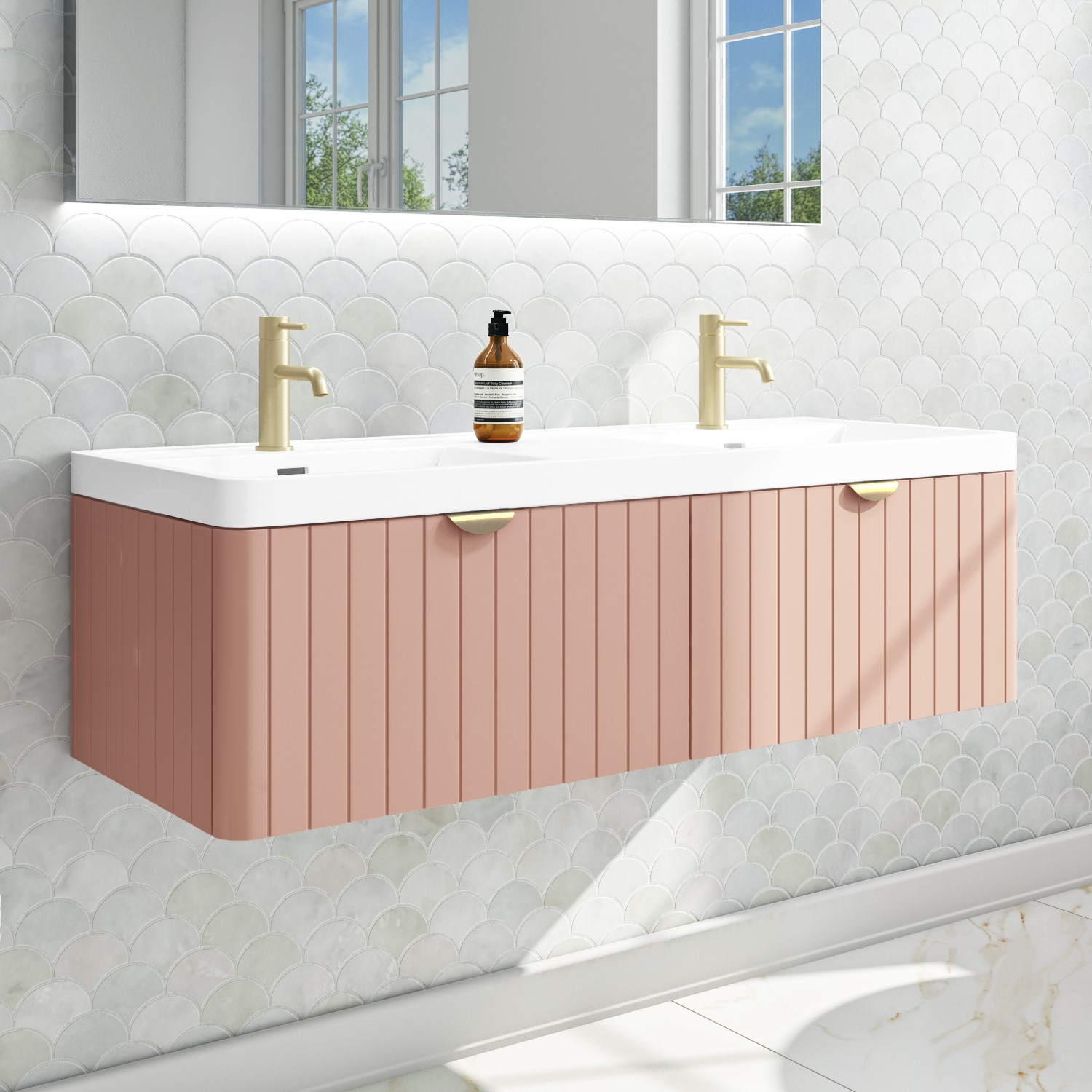 1200mm Pink Wall Hung Double Vanity Unit with Basin and Brass Handles - Empire