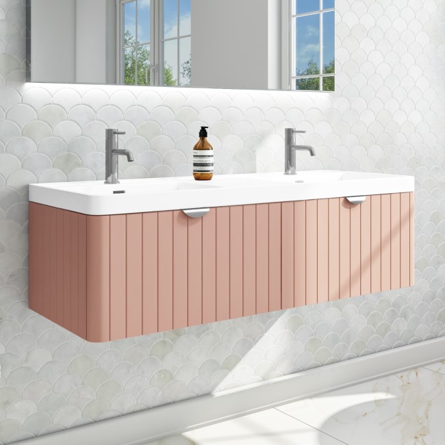 1200mm Pink Wall Hung Double Vanity Unit with Basin and Chrome Handles - Empire