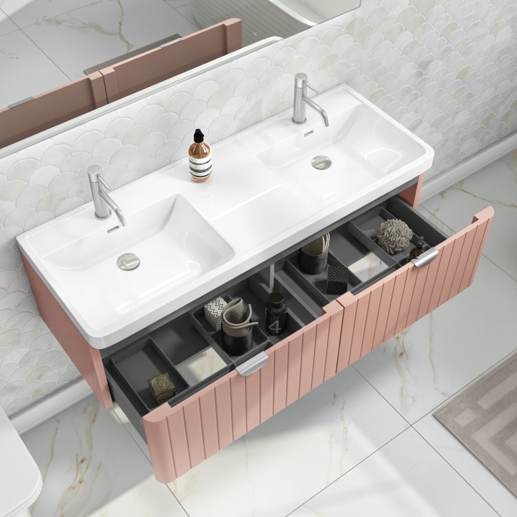 1200mm Pink Wall Hung Double Vanity Unit with Basin and Chrome Handles - Empire
