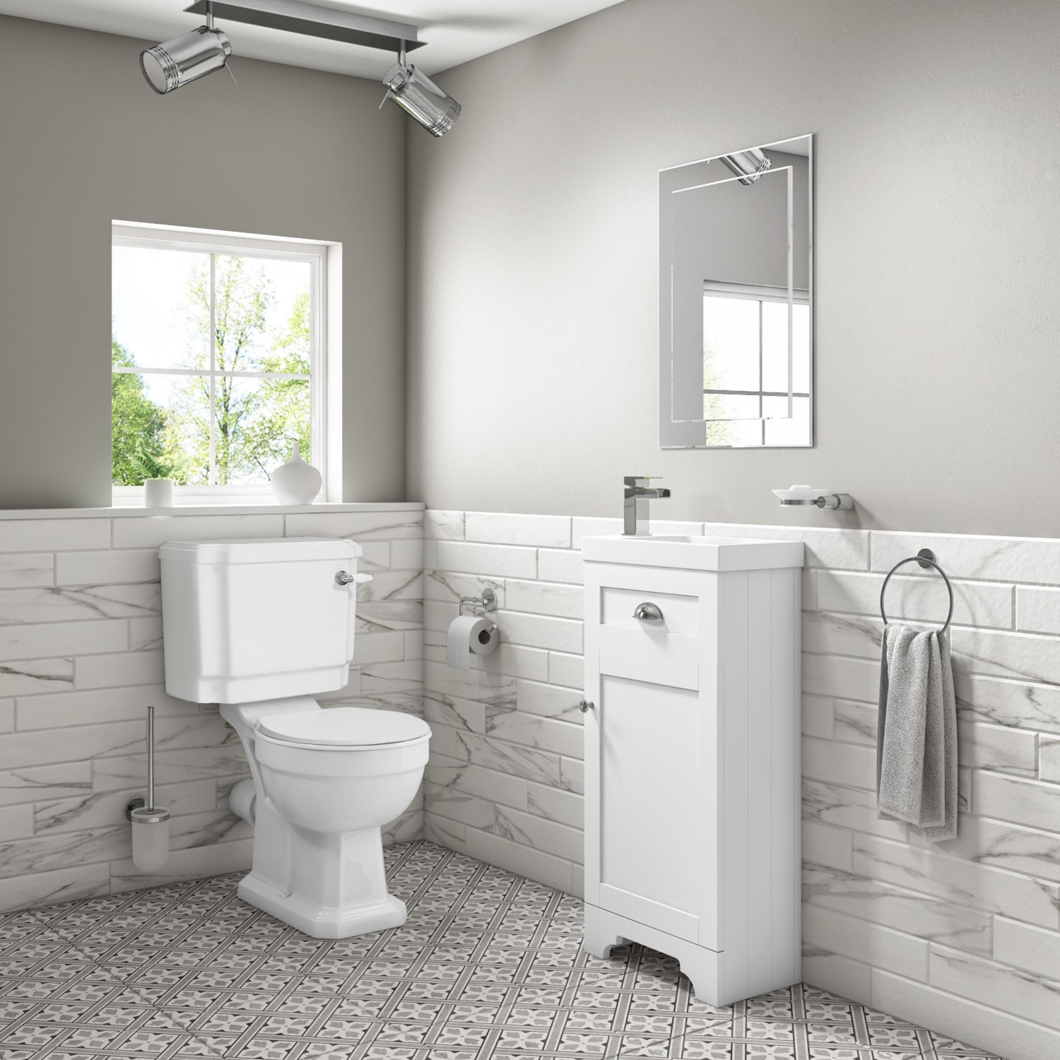 Traditional Cloakroom Suite with White Vanity Unit Small Basin & Close Coupled Toilet