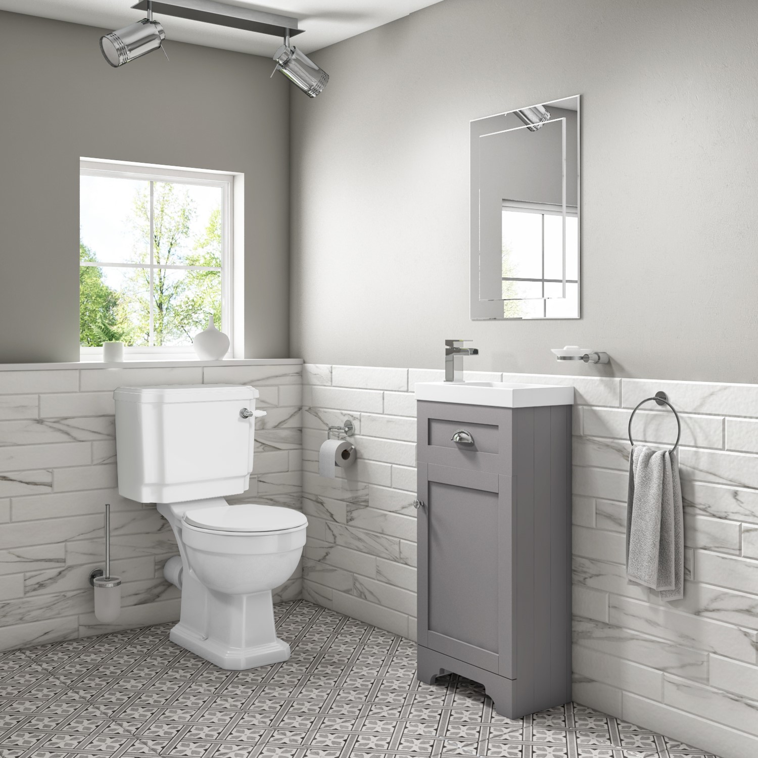 Traditional Cloakroom Suite with Grey Vanity Unit Small Basin & Close Coupled Toilet