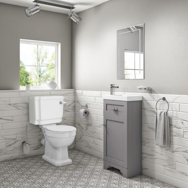Close Coupled Toilet and Grey Basin Vanity Unit Traditional Cloakroom Suite - Baxenden