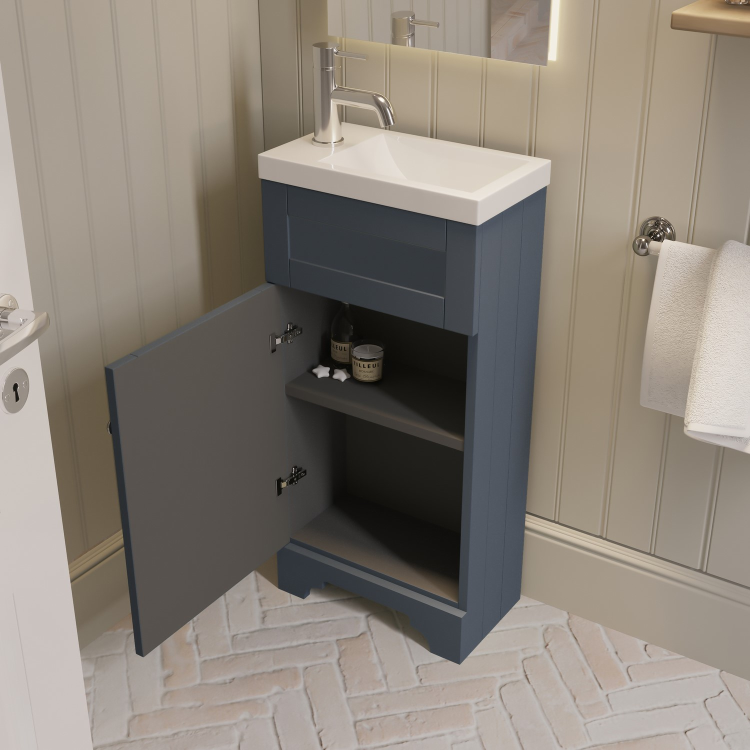Baxenden Cloakroom Toilet Suite with Blue Floorstanding Vanity Unit and Basin