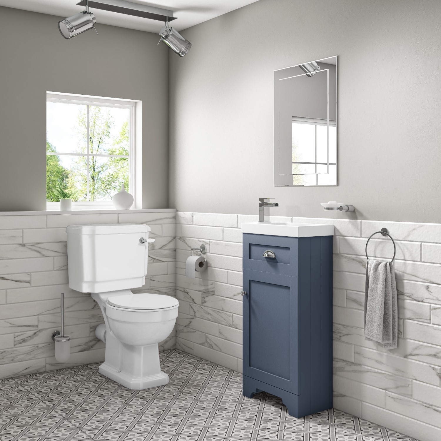 Traditional Cloakroom Suite with Blue Vanity Unit Small Basin & Close Coupled Toilet