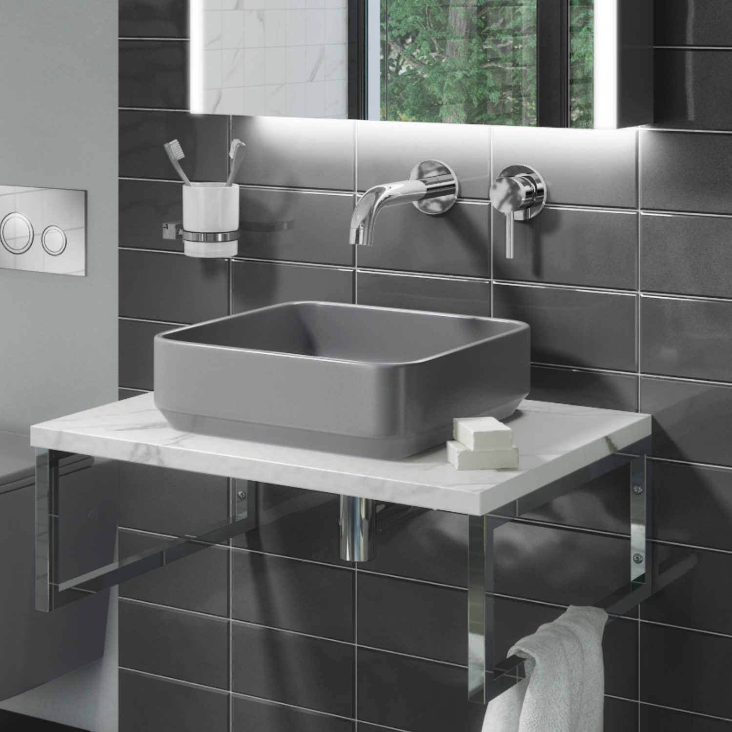 Grey Square Countertop Basin and Waste 360mm - Augusta