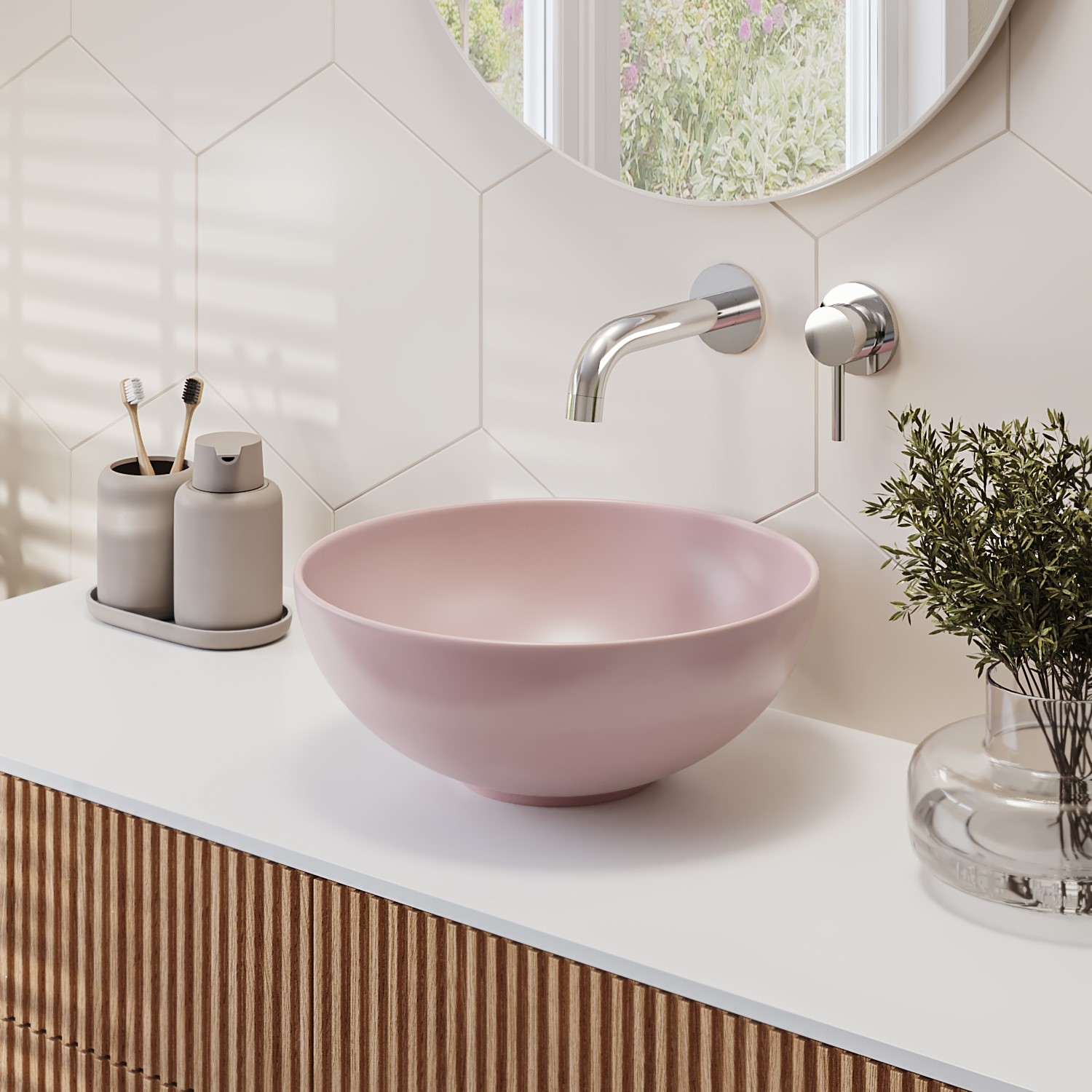 Pink Round Countertop Basin and Waste 358mm - Verona