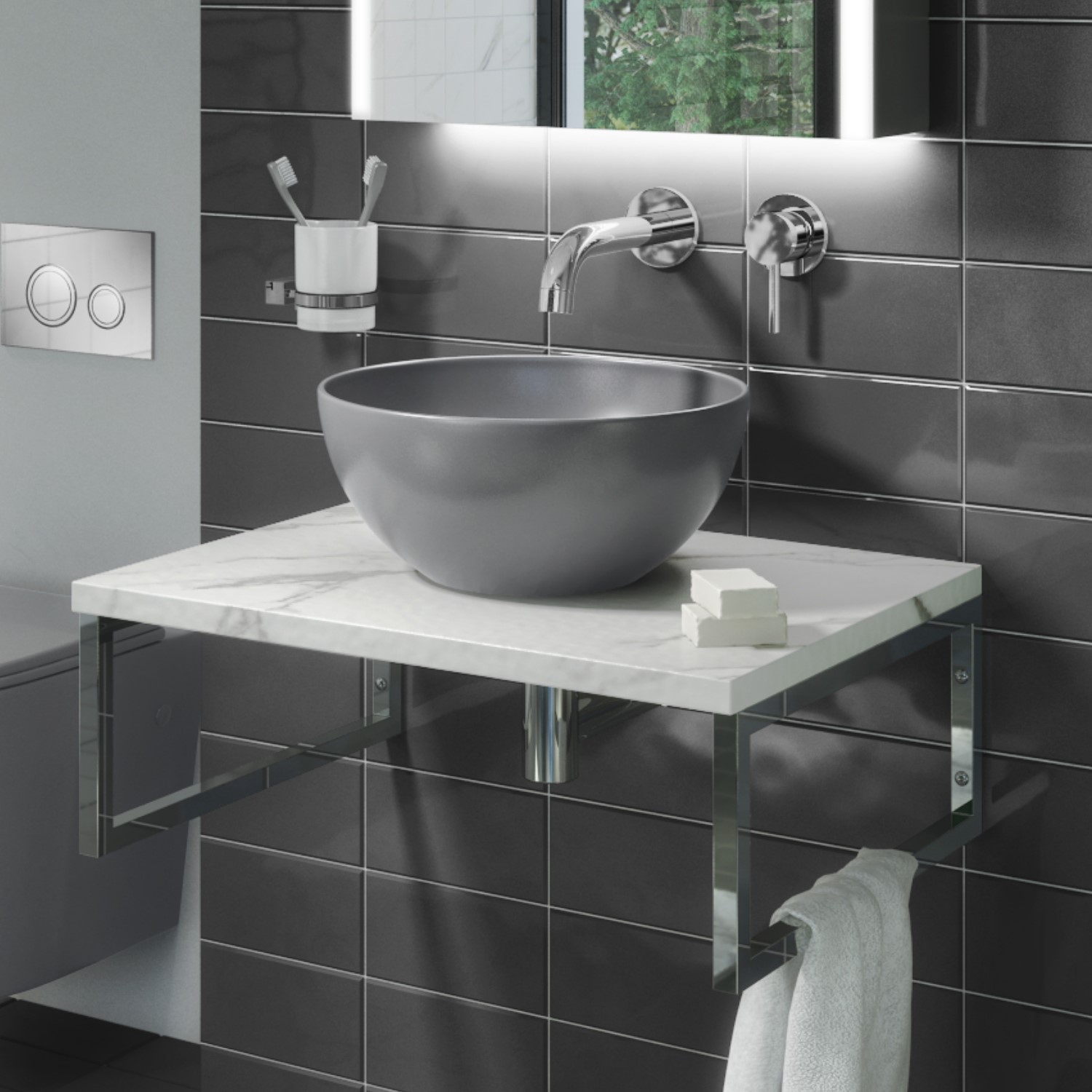 Grey Round Countertop Basin and Waste 358mm - Verona