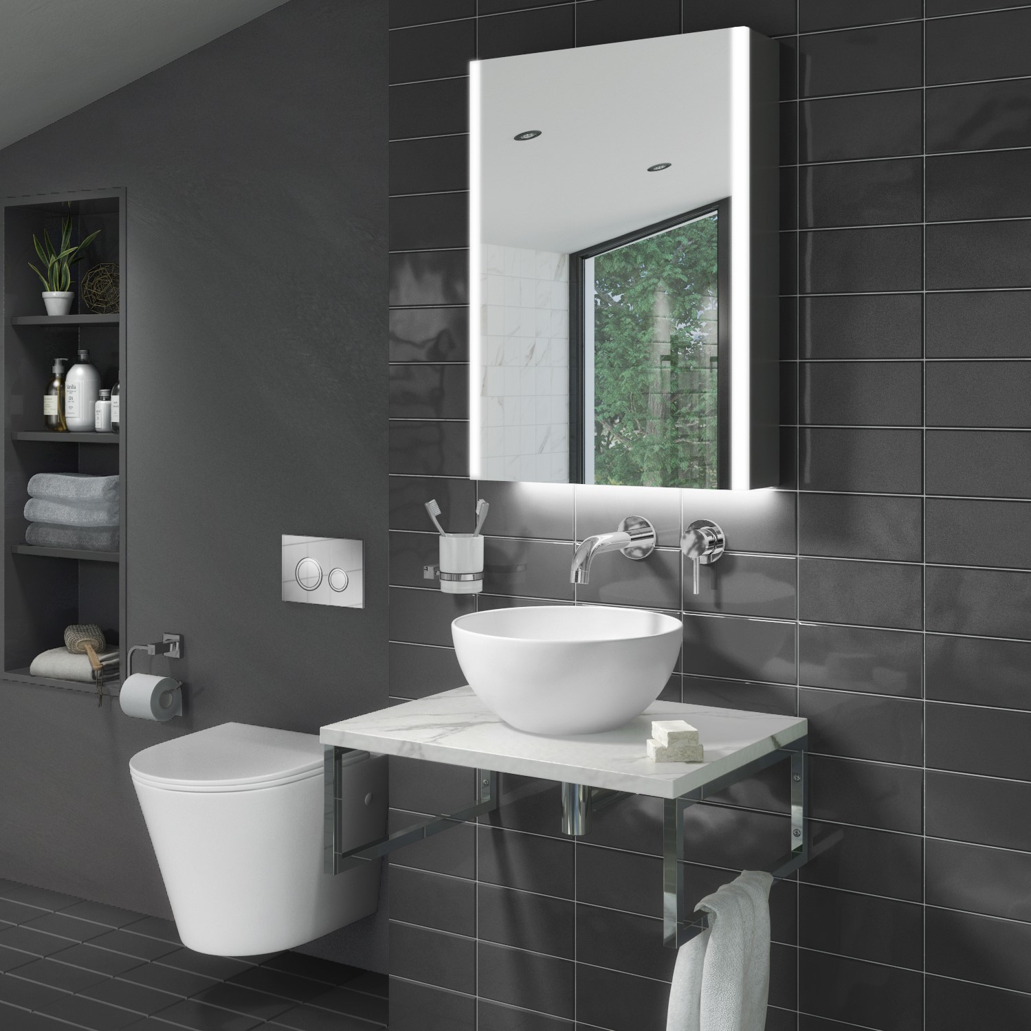 Verona Matt White Rimless Wall Hung Toilet and Countertop Basin & Shelf Suite