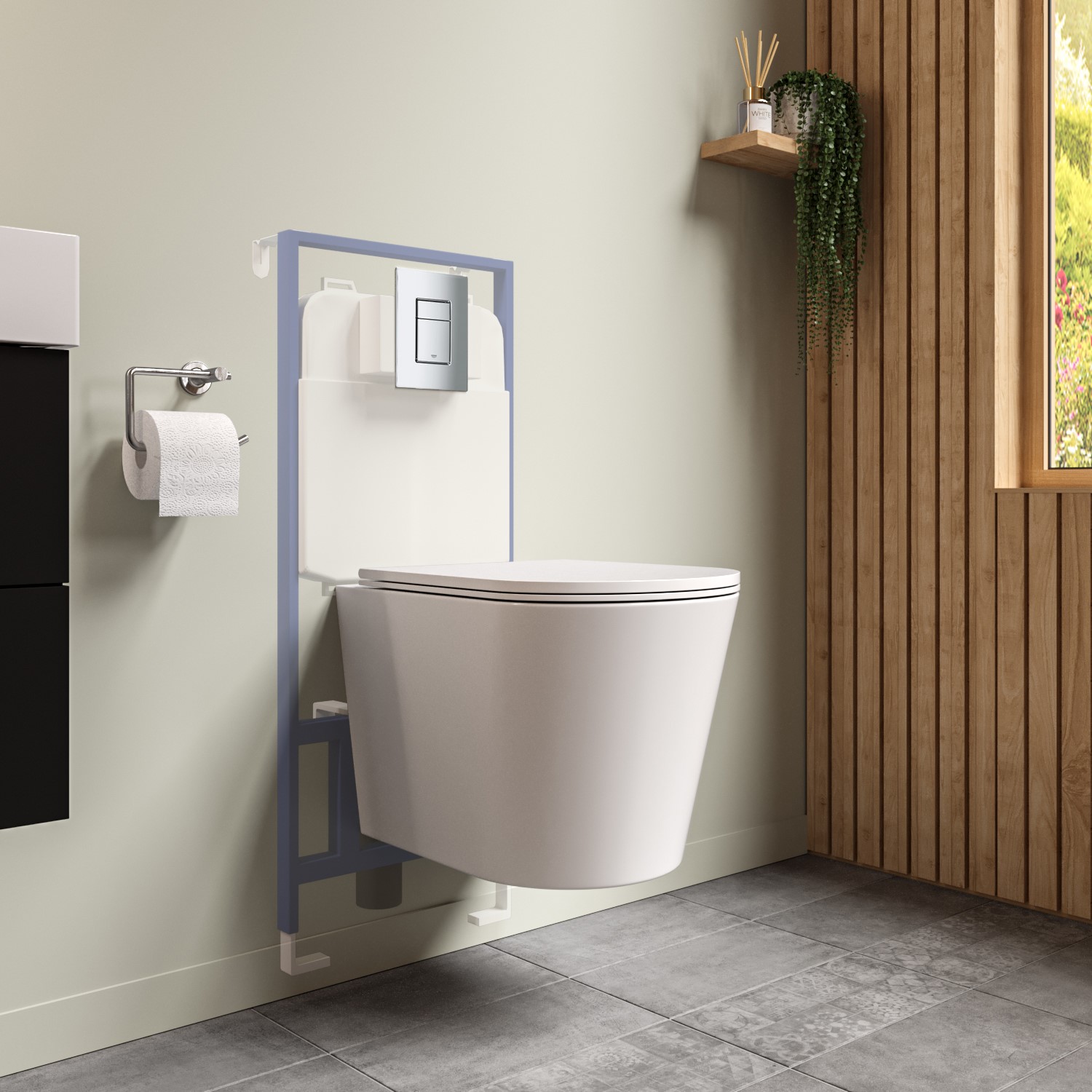 Wall Hung Toilet with Soft Close Seat Frame Cistern and Chrome Flush - Verona