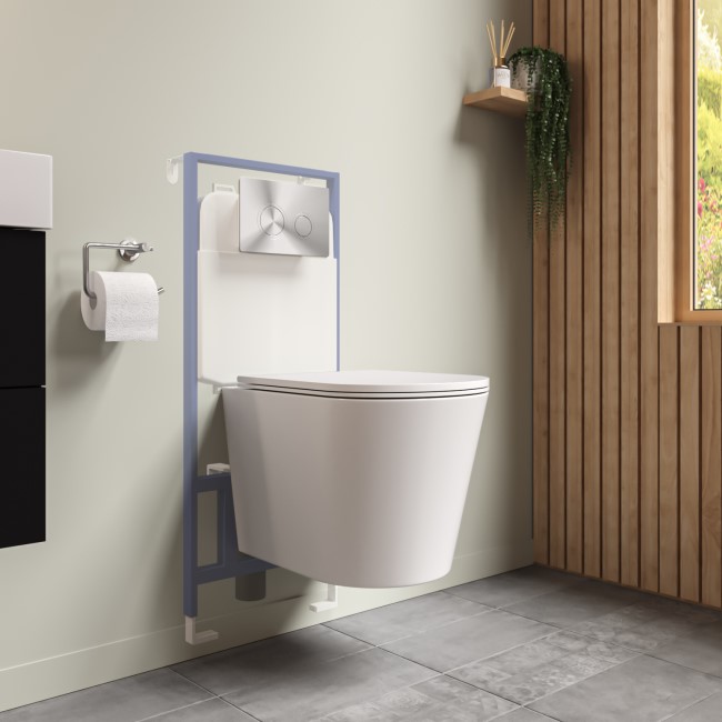 Matt White Wall Hung Rimless Toilet with Soft Close Seat Cistern Frame and Chrome Flush - Verona