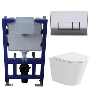 Matt White Wall Hung Rimless Toilet with Soft Close Seat Chrome Pneumatic Flush Plate 820mm Frame & Cistern - Verona