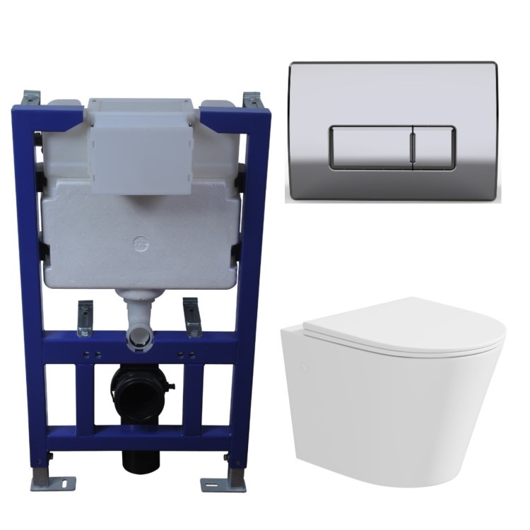 Matt White Wall Hung Rimless Toilet with Soft Close Seat, Chrome Pneumatic Flush Plate, 820mm Frame & Cistern – Verona