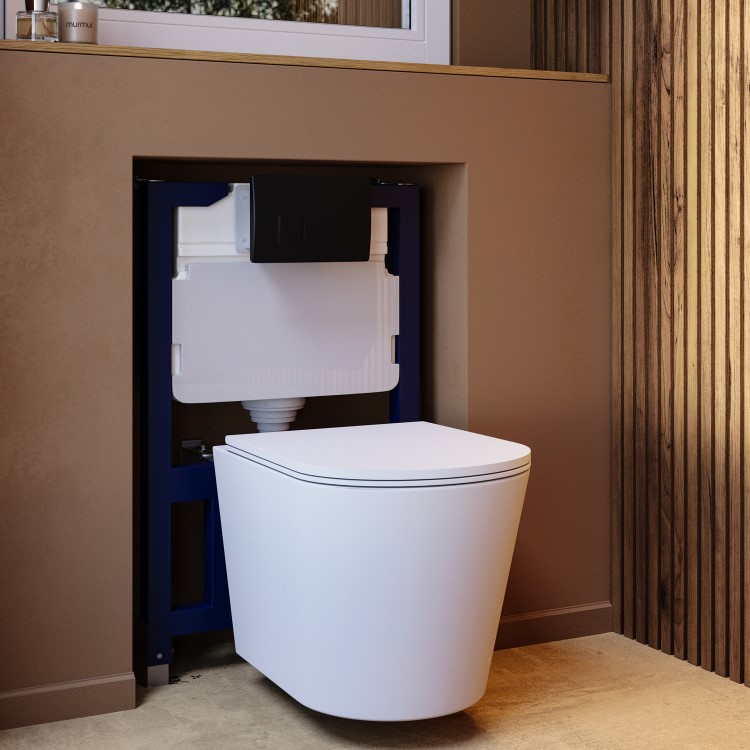 Matt White Wall Hung Rimless Toilet with Soft Close Seat Black Pneumatic Flush Plate 820mm Frame & Cistern - Verona