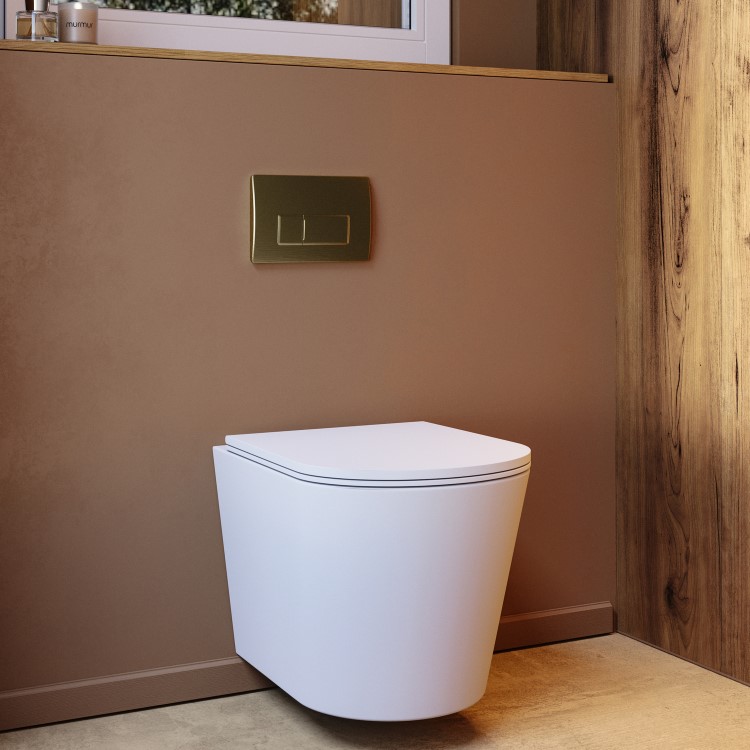 Matt White Wall Hung Rimless Toilet with Soft Close Seat Brass Pneumatic Flush Plate 820mm Frame & Cistern - Verona